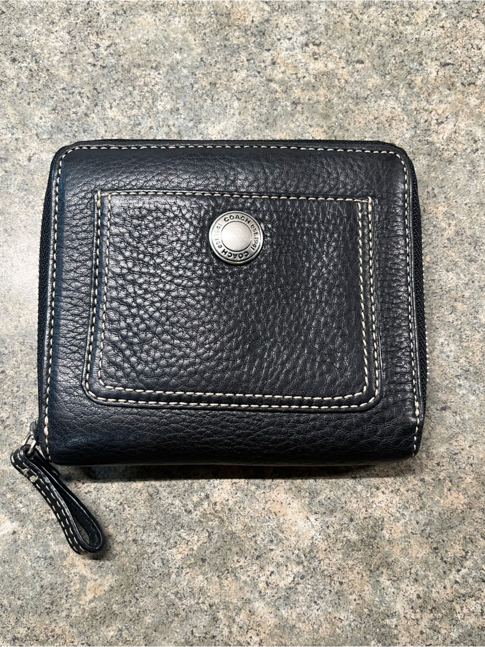 Coach Black Pebbled Leather Zip-Around Wallet with Contrast Stitching